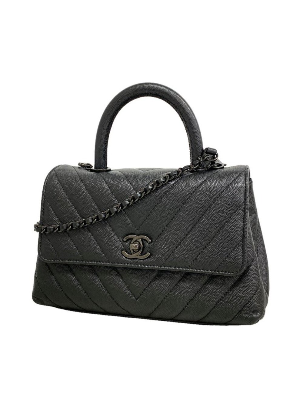 Chanel Handbag Chevron Coco Handle Caviar Leather Black